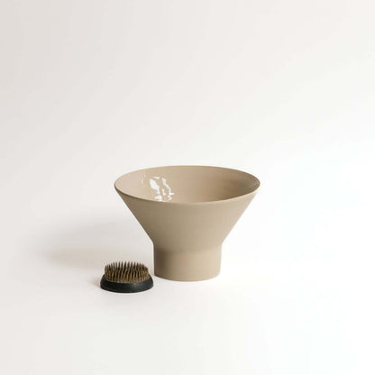 Ikebana vase set made of grey stoneware clay with glossy interior glaze and raw exterior, includes kenzan.