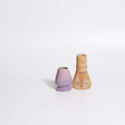 Handcrafted matcha whisk holder and bamboo whisk in soft pastel colors, part of a limited edition collaboration.