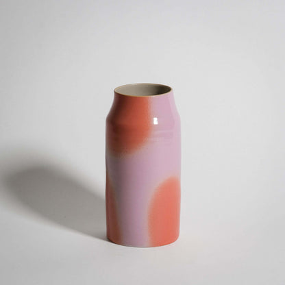 Pink and orange medium vase, wheel-thrown stoneware with glossy glaze and airbrushed color dots.