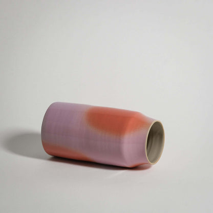 Pink and orange medium vase, wheel-thrown grey stoneware with glossy glaze and airbrushed color dots.