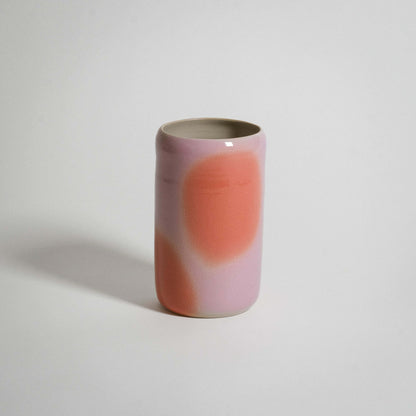 Pink and orange medium vase, wheel-thrown from grey stoneware with glossy glaze, featuring airbrushed color dots.