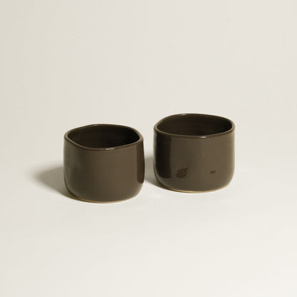Hojicha Cup – Brown *COMING SOON* two handmade grey stoneware cups with glossy brown glaze.