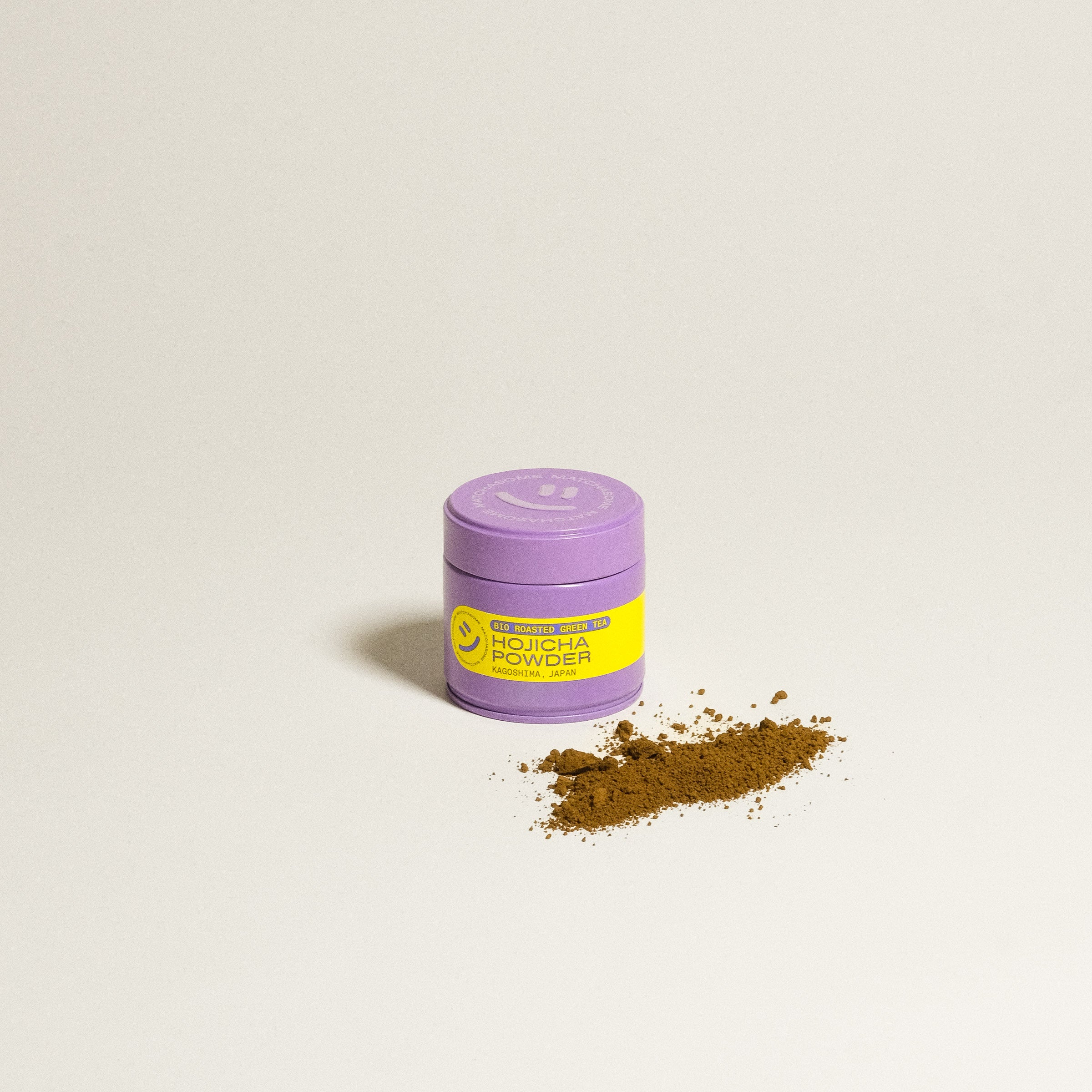 Hojicha Set - 2 Cups & Hojicha Tin 30g *COMING SOON* with purple tin of Hojicha powder and spilled powder.