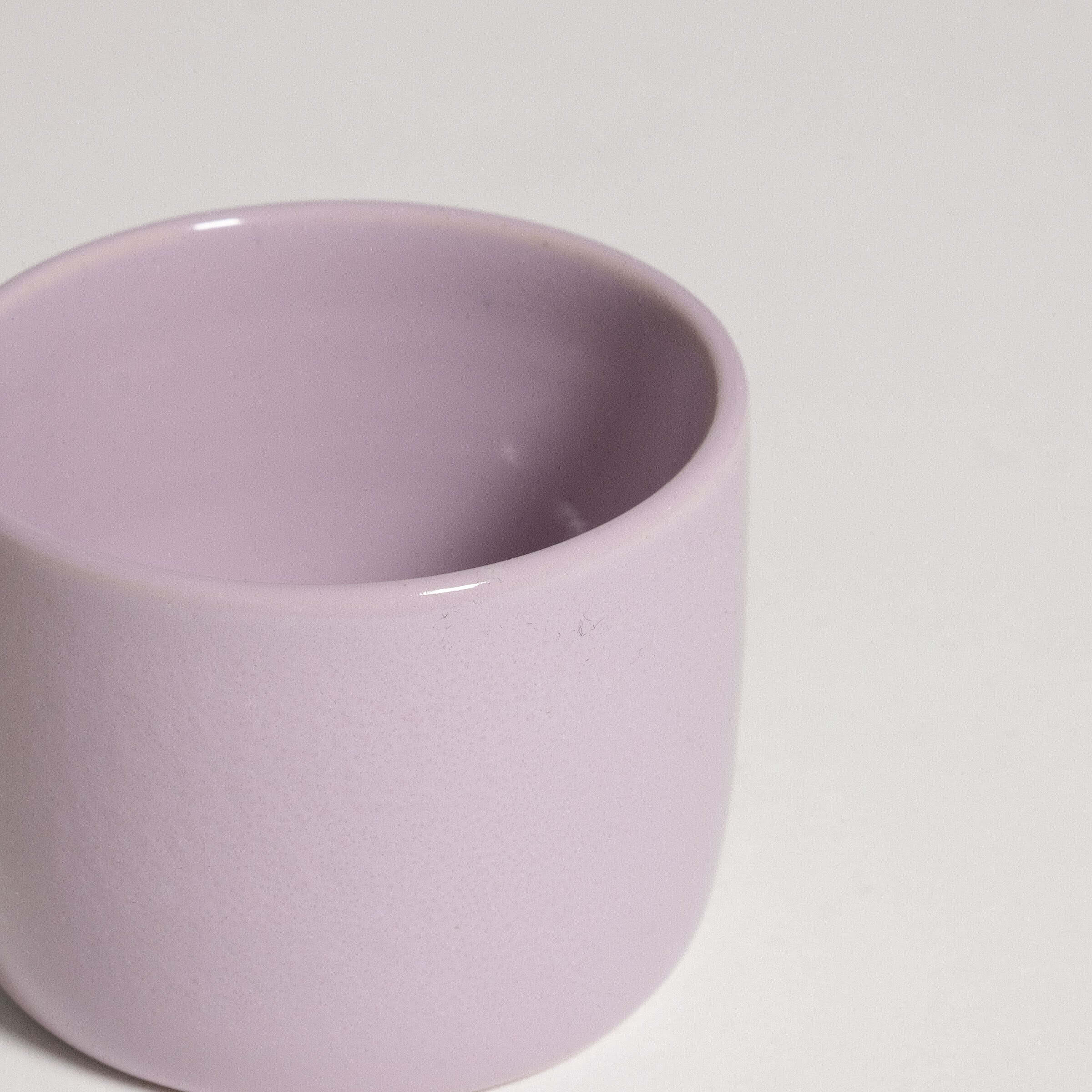 Small lilac espresso cup with a smooth finish, ideal for espresso or ristretto. Dishwasher safe and food safe glaze.