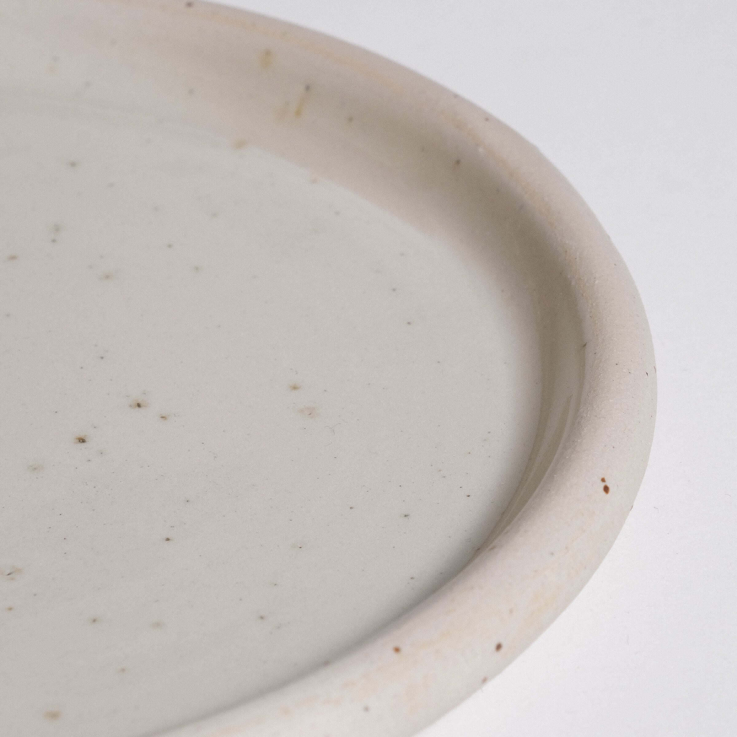 Close-up of the Spotted Clay Lunch Plate, a gently concave, wheel-thrown speckled stoneware dish with a rounded rim.